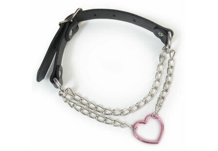 Pink Heart and Chain Pull Leather Choker